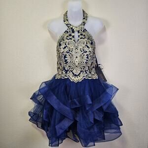 NWT Coya Collection Formal Mini Dress Gown Tulle Ruffle Beaded Halter Blue M